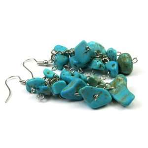 Turquoise Dye Magnesite Semi Precious Gemstone Chips Dangle Earrings