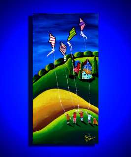 Kids Children Flying Kites Fun Whimsical Spring Folk Art renie qae 