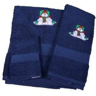   Sitting Snowman on Navy Blue Bath Towels Set by Big Black Horse LLC