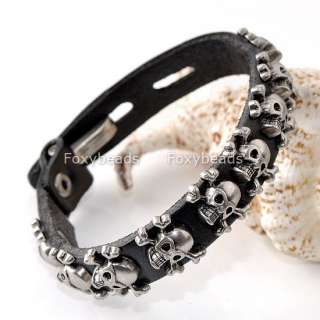 Mens Black Leather Skull Studs Belt Gothic Punk Rock Bracelet Cuff 