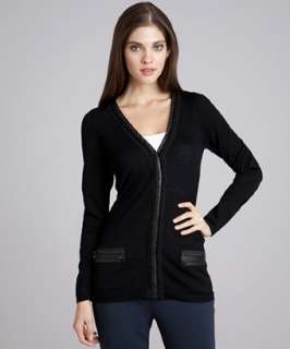 Elie Tahari black merino wool Savannah leather trim cardigan sweater 