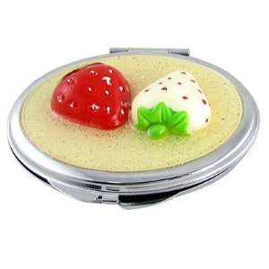   Red White Strawberry Accent Oval Folding Cosmetic Mirror Beauty