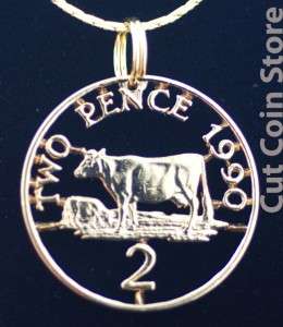 Guernsey Cow 2 Pence Gold Plated Cut Coin Jewelry Charm Pendant 