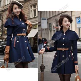   Breasted Long Trench Cape Ponchos Coat Jacket Marine Blue  