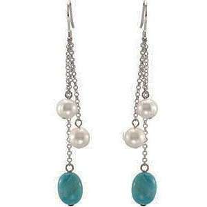 Multi Strand Bead Pearl and Turquoise Dangle Wire Earrings in Sterling 