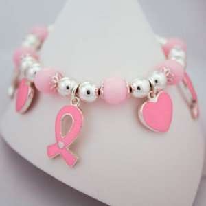   Awareness Enamel Heart and Pink Ribbon Charm Bracelet