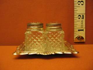 Vintage Glass Salt and Pepper Shaker Silver Tray  
