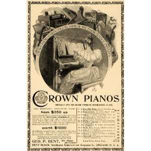  1896 Ad Crown Pianos Organs Geo P Bent Block Instrument 