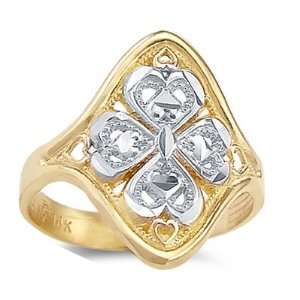  Flower Spades Ring 14k White Yellow Gold Band, Size 8 