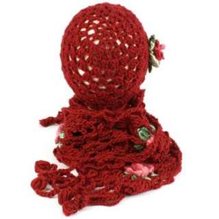   Set Crochet Flower Hand Knit Beanie Skull Ski Cap Hat with Scarf Wine
