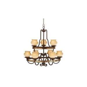   Light Two Tier Chandelier in Tortoise Shell with Antique Linen glass