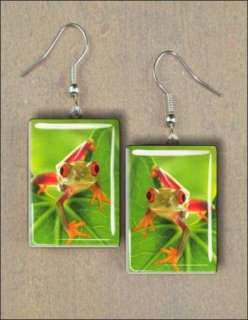 FROG TROPICAL LIFE ON LEAF RECTANGULAR GLASS EARRING  