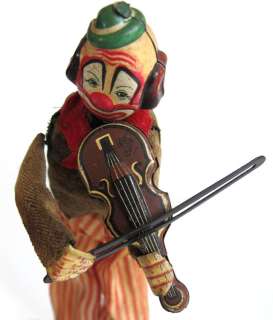 Working Tin Mechanical Wind Up Clown Happy The Violinist Vintage 1950s 