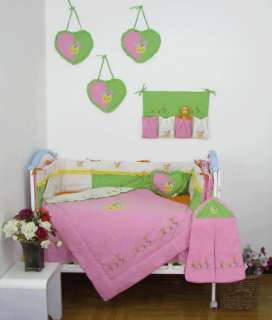 10 Pcs pink and white embroidered crib bedding set 004  