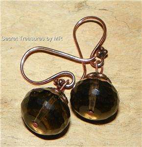 Faceted Smoky Quartz Wire Wrapped Bali Copper Earrings  